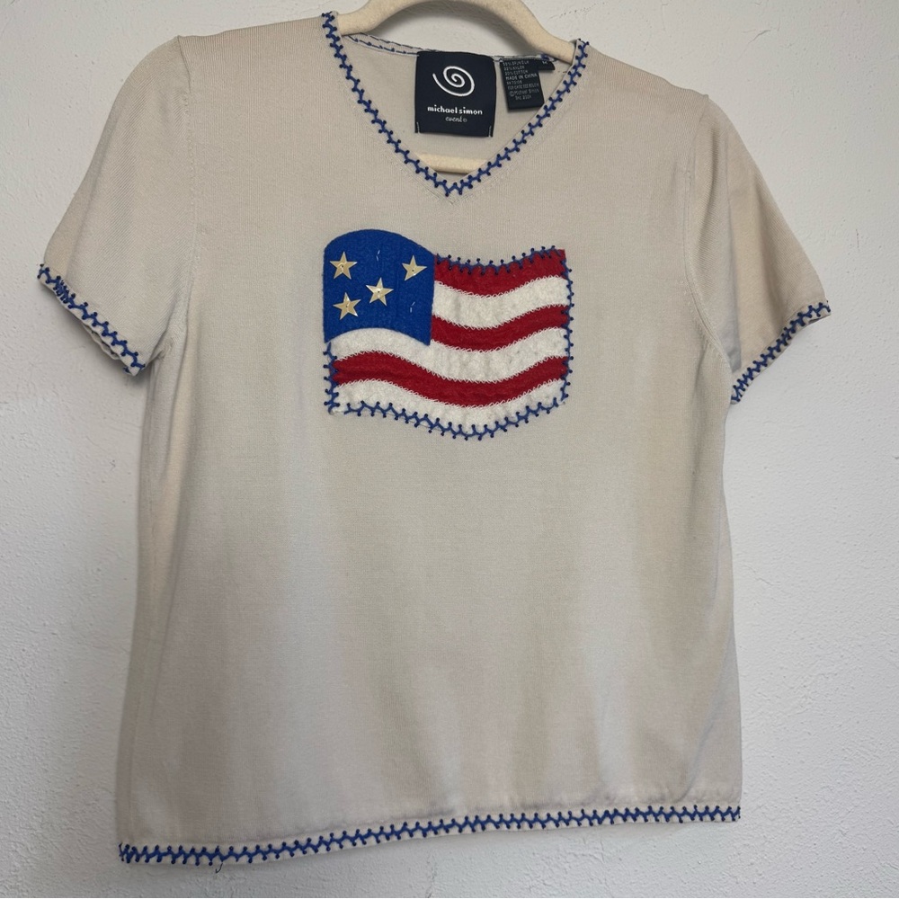 Michael Simon Event American‎ Flag Beaded T-shirt Top